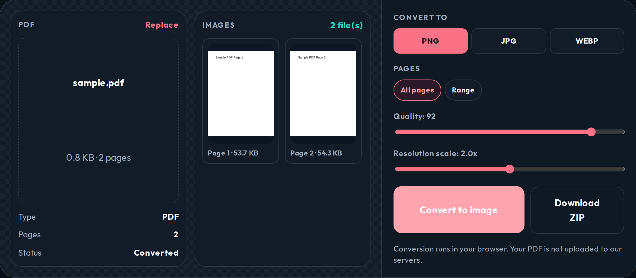 Download screen with page thumbnails and Download ZIP button